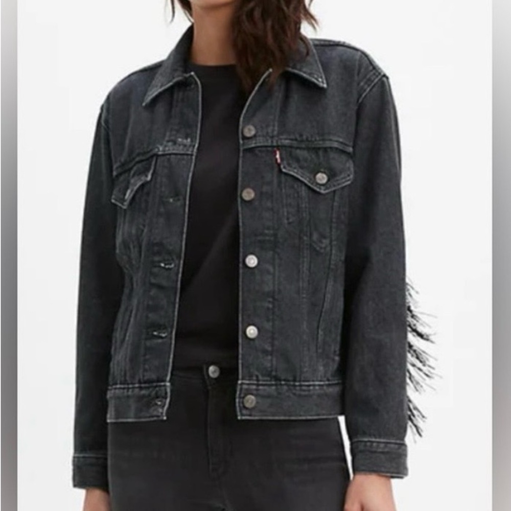 Levi's Ex Boyfriend Black Fringe Denim Jacket - Women Size L - Picture 2 of 7